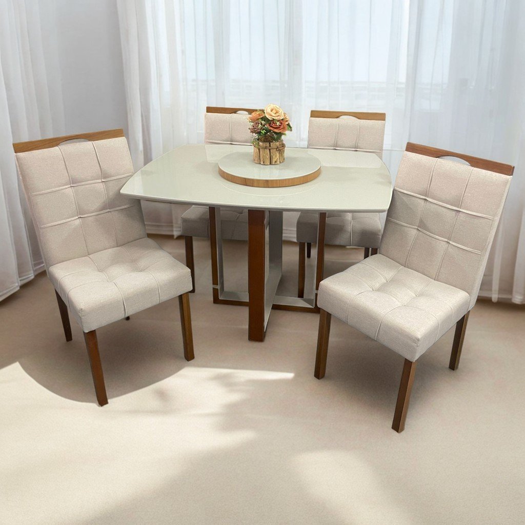 Mesa Atlas Mel/Off White Canto Barril 120×90 com 4 Cadeiras Sophia Mel/Veludo Bege – ART ASSENTOS + WM DECOR