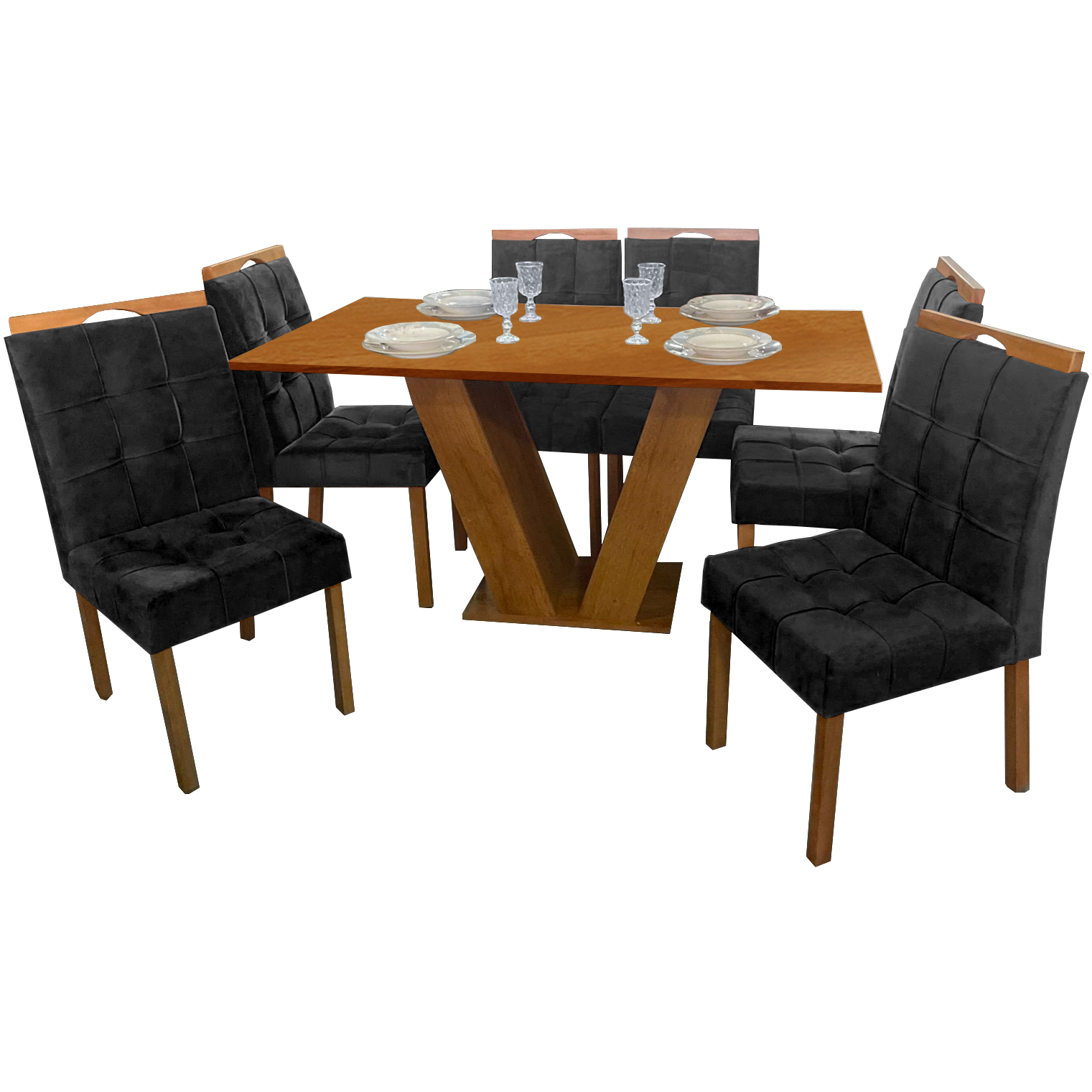 Mesa Classic 160 Cinamomo Laminado com 6 Cadeiras Sophia Mel/Veludo Preto – CEL MÓVEIS + WM DECOR - Imagem 2