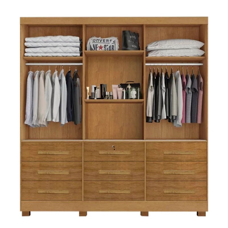 Roupeiro Casal Athenas Nature 3 Portas 9 Gavetas C/ Espelho e Pés 100% MDF Larg. 1.80m - Bianchi - Imagem 2