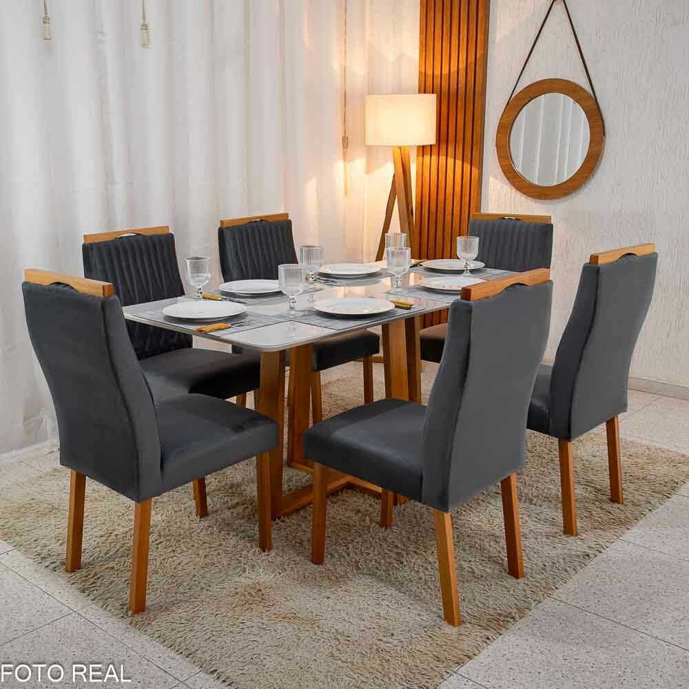 Mesa Pedro Mel Vidro OFF 160×80 6 Cadeiras Genova Veludo Cinza 507 Madeira Maciça Art Assento - Entregue Montada