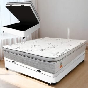 Colchão Casal New York D33 + Base Box Baú Corino Branco – ECOTEC + BIOSTAR