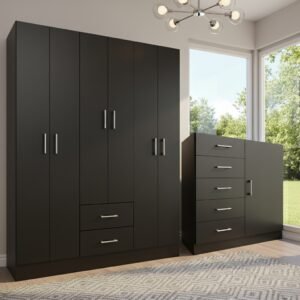 Guarda-Roupa 6 Portas Jamaica 6002 + Cômoda 5 Gavetas Sapateira Miami Preto - FELLICCI