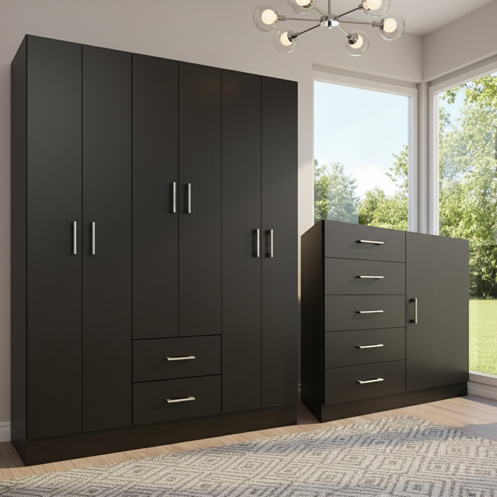 Guarda-Roupa 6 Portas Jamaica 6002 + Cômoda 5 Gavetas Sapateira Miami Preto - FELLICCI