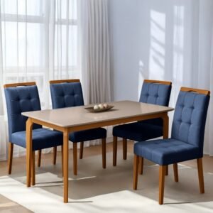 Mesa Alegra 120 Cinamomo/Off White com 4 Cadeiras Sophia Veludo Azul – JCM MOVELARIA + WM DECOR