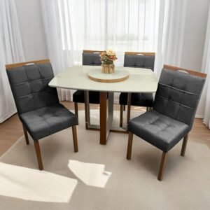 Mesa Atlas Mel/Off White Canto Barril 120×90 com 4 Cadeiras Sophia Mel/Veludo Cinza Grafite – ART ASSENTOS + WM DECOR