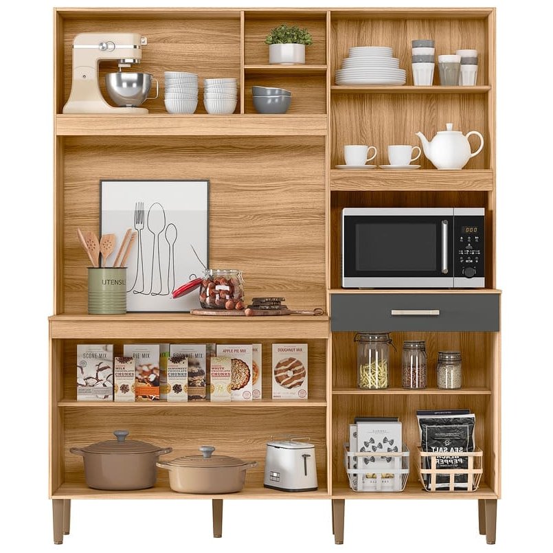 Kit Cozinha Yara 1,60 m Freijó/Off White Cristal/Ripado - NICIOLI - Imagem 3