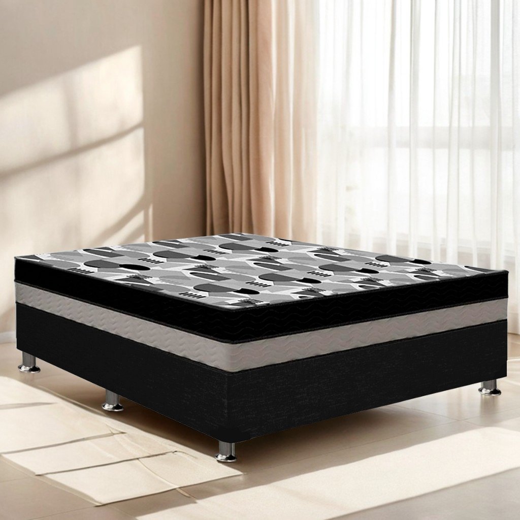 Colchão Casal ISO Dupla Face + Base Box Simples Corino Preto – ORTOBOM + ALTO NÍVEL CAMAS E COLCHÕES