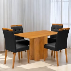 Mesa Recife 120 Cinamono Laminado com 4 Cadeiras Sophia Veludo Preto – CEL MÓVEIS + WM DECOR