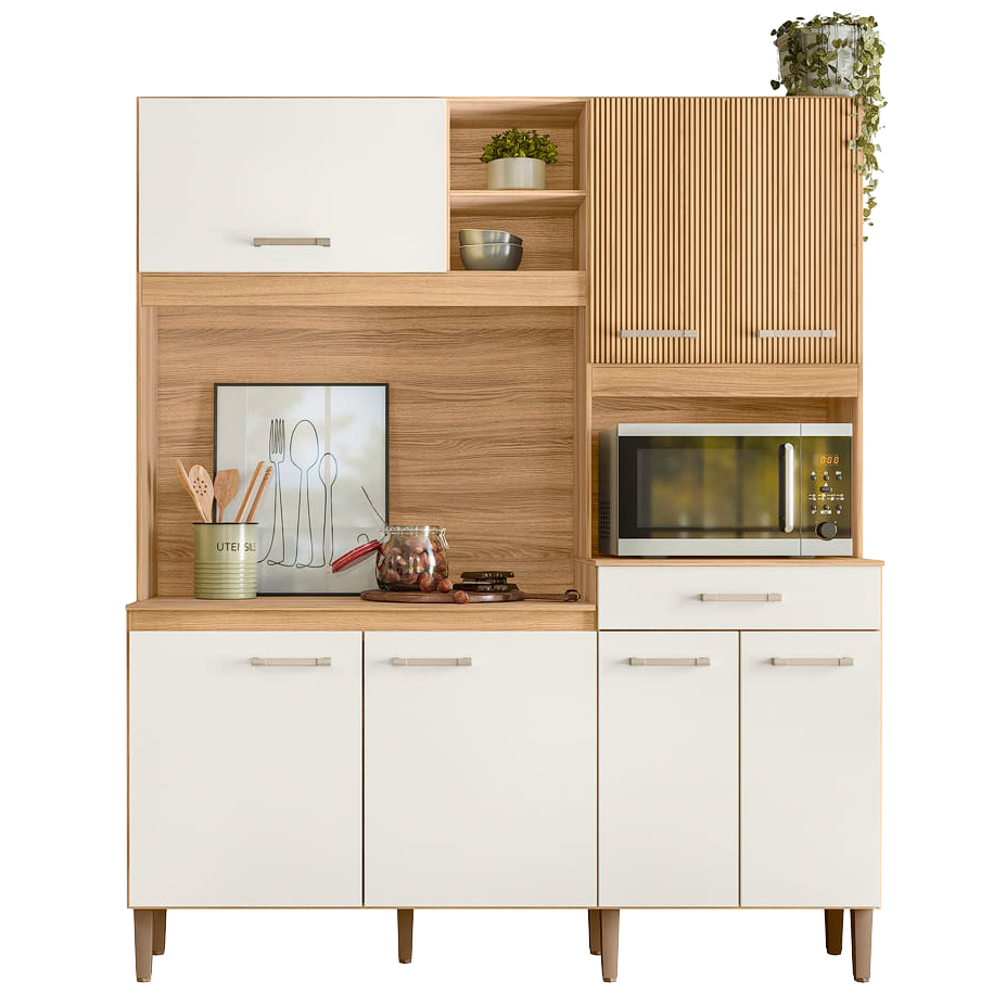 Kit Cozinha Yara 1,60 m Freijó/Off White Cristal/Ripado - NICIOLI - Imagem 2