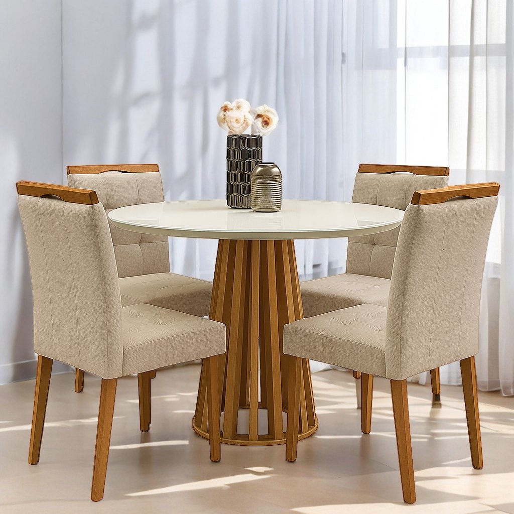 Mesa Redonda Berlim 100 Cinamono/Off White com 4 Cadeiras Sophia Linho Bege 200 – CEL MÓVEIS + WM DECOR