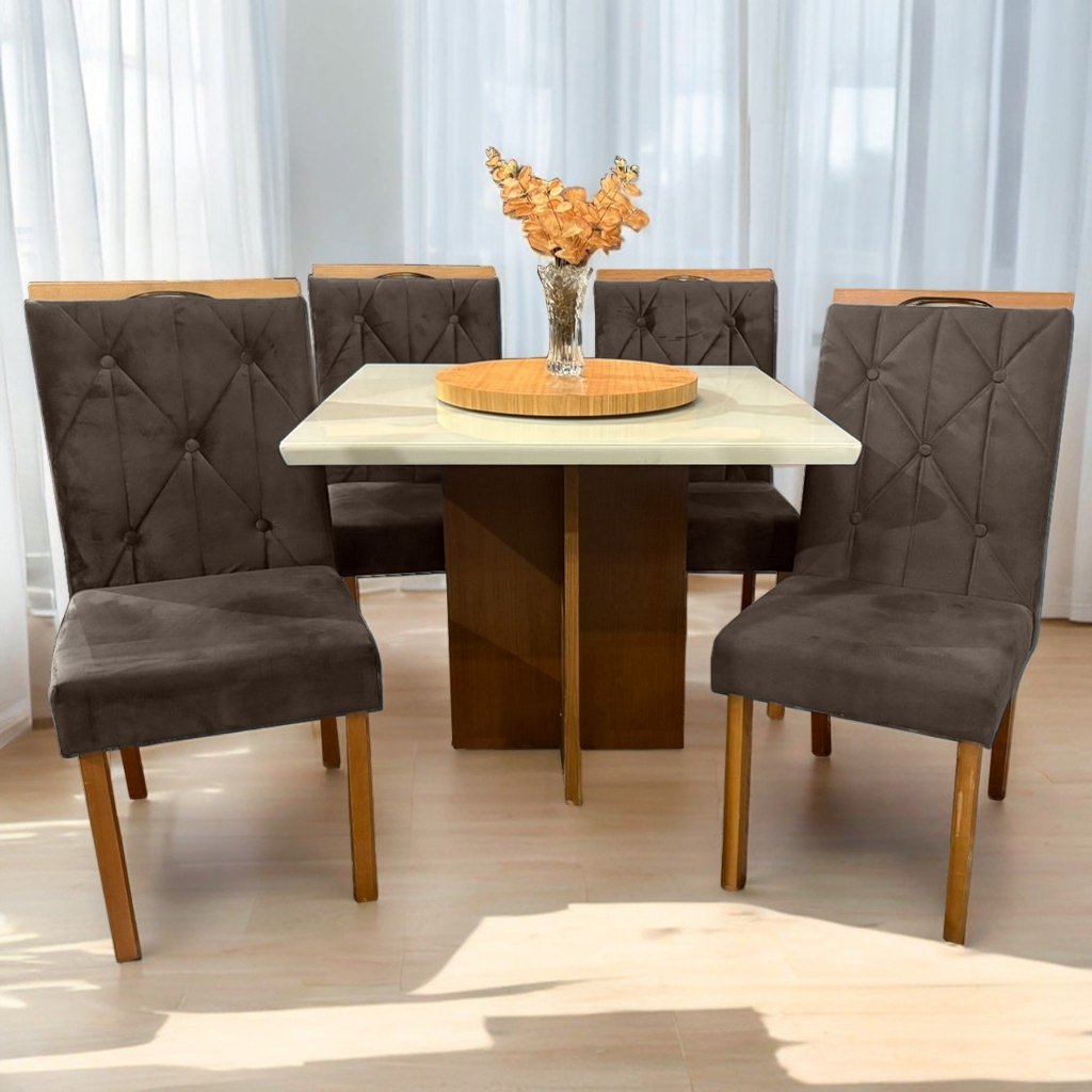 Mesa Salinas/Helô/Los Angeles 90 Cinamomo/Off White com 4 Cadeiras Yasmim Veludo Marrom – CEL MÓVEIS + KM DECOR