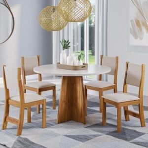 Mesa Redonda Flipp/Slin Mel/Blonde com 4 Cadeiras Sol Linho Bronze – VIERO MÓVEIS