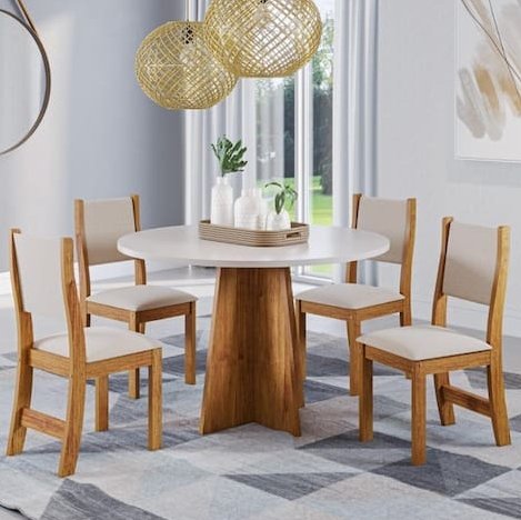 Mesa Redonda Flipp/Slin Mel/Blonde com 4 Cadeiras Sol Linho Bronze – VIERO MÓVEIS