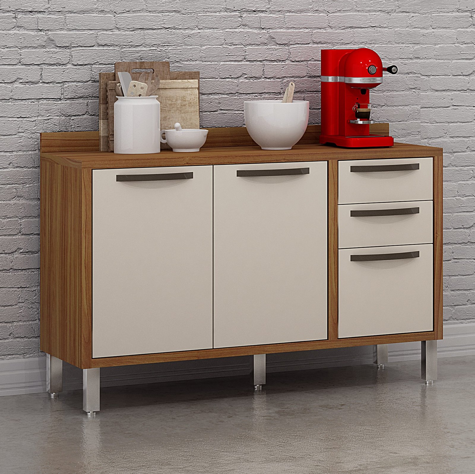 Balcão 2 Portas 3 Gavetas Letícia Carvalho/Off White - CHF