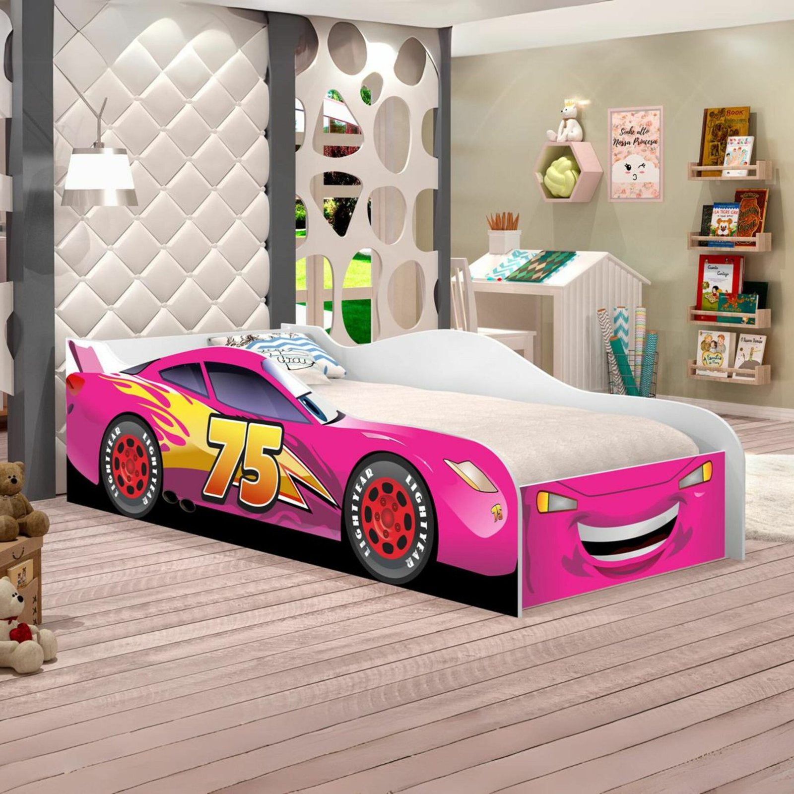 Cama Juvenil Carro (Menina) Rosa 09 - MADEC/VJ MÓVEIS