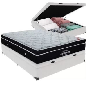 Colchão Casal Elegant D33 Superpocket + Base Box Casal Baú Branco – ORTOBOM + BIOSTAR
