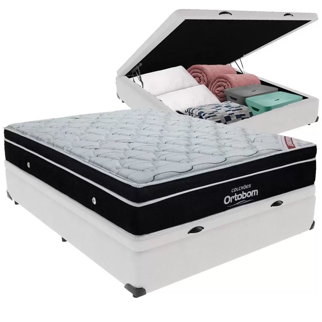 Colchão Casal Elegant D33 Superpocket + Base Box Casal Baú Branco – ORTOBOM + BIOSTAR