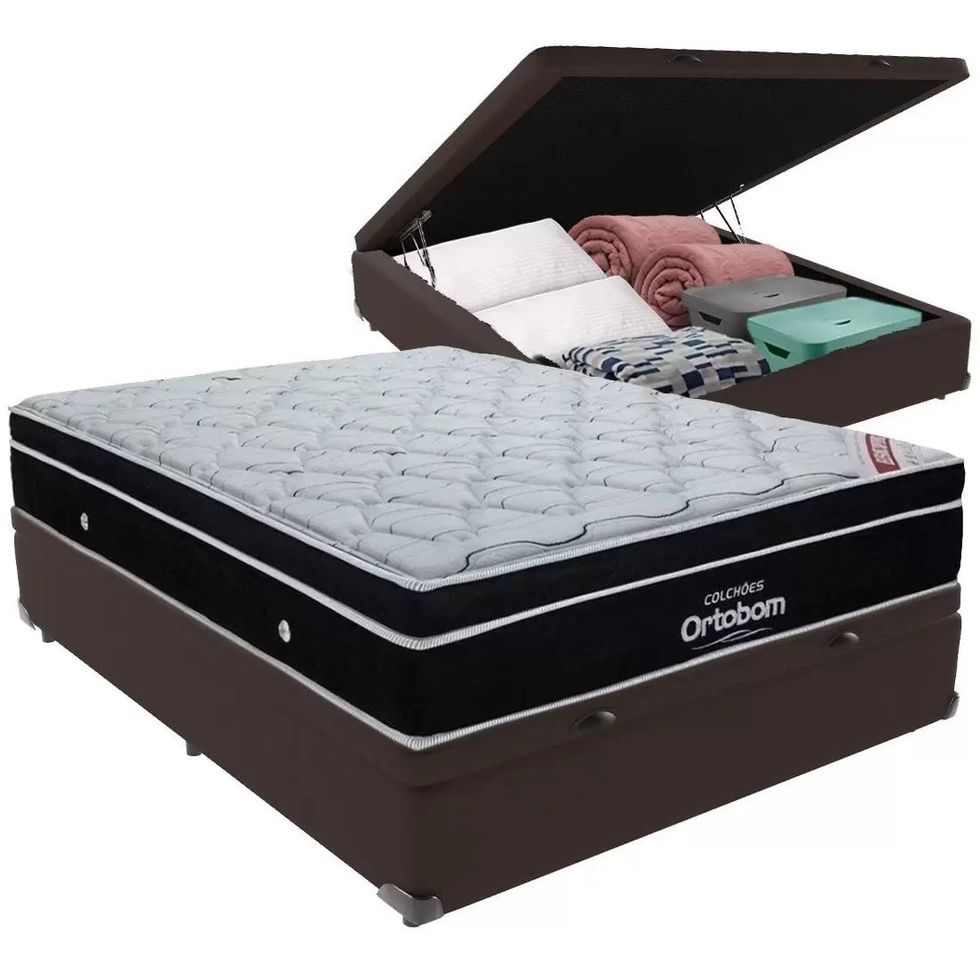 Colchão Casal Elegant Superpocket + Base Box Baú Avalon Marrom – ORTOBOM + AVALON COLCHÕES