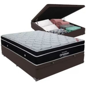 Colchão Casal Elegant D33 Superpocket + Base Box Casal Baú Marrom – ORTOBOM + BIOSTAR