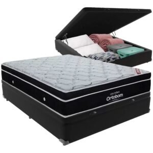 Colchão Casal Elegant Superpocket + Base Box Baú Avalon Preto – ORTOBOM + AVALON COLCHÕES