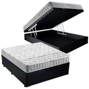 Colchão Casal Orthosono + Base Box Baú Corino Preto – ANJOS + BIOSTAR