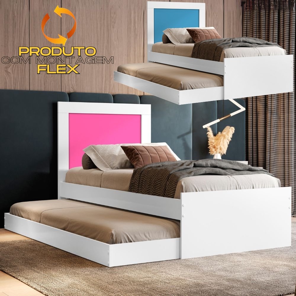 Bicama Solteiro Luara Branco/Rosa/Azul Flex - MADEC/VJ MÓVEIS