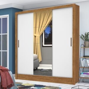 Guarda-Roupa 3 Portas Dubai/Santiago Plus(1 Porta espelhada) 1,79 m Cinamono/Branco – CARIOCA MÓVEIS
