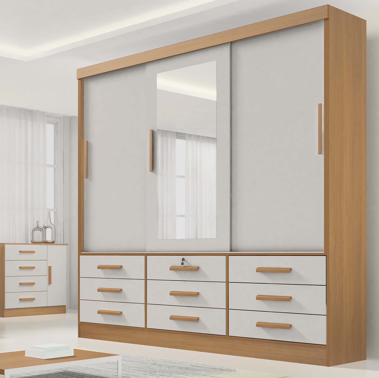 Guarda-Roupa 3 Portas Meridian 2,00 m Cinamono/Off White - D'DORO MÓVEIS