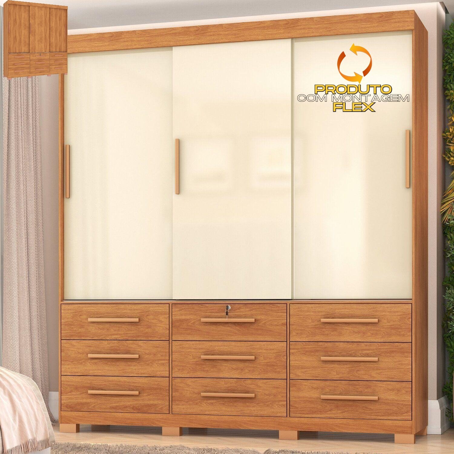 Guarda-Roupa 3 Portas Toronto RP1930 2,00 m Cinamomo/Off White/Cinamomo - FELLICCI