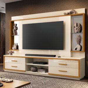Home Theater até 75” Leni Off White/Cedro Natural - EDN MÓVEIS