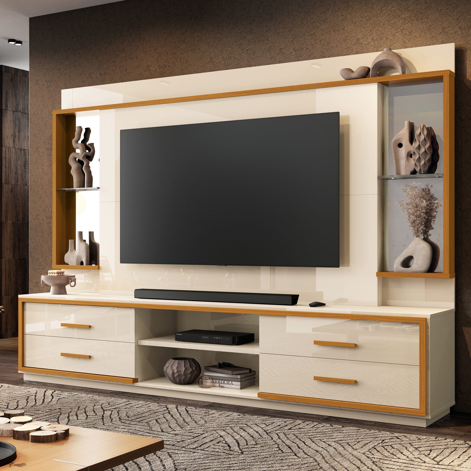 Home Theater até 75” Leni Off White/Cedro Natural - EDN MÓVEIS