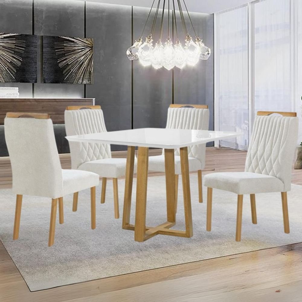 Mesa Pedro 90 Mel/Off White com 4 Cadeiras Gênova Veludo Marfim – ART ASSENTOS