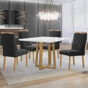 Mesa Pedro 90 Mel/Off White com 4 Cadeiras Gênova Veludo Preto – ART ASSENTOS