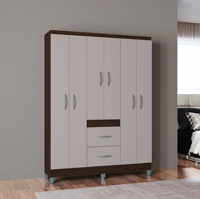 Guarda-Roupa 6 Portas Milão 1,35 m Chocolate/Off White - POQUEMA