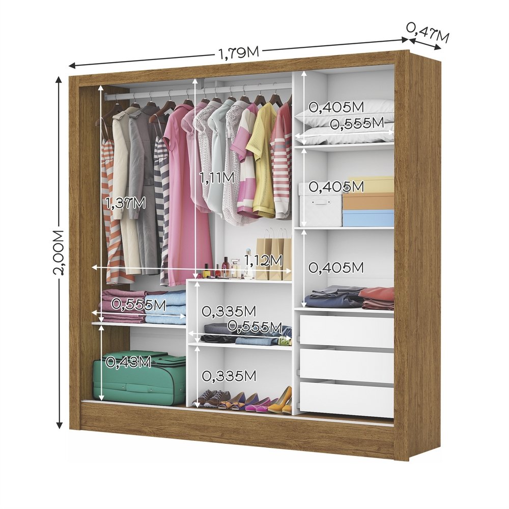 Guarda-Roupa Dubai/Santiago Premium(3 Portas espelhadas) 1,79 m Cinamono/Branco - CARIOCA MÓVEIS - Imagem 4