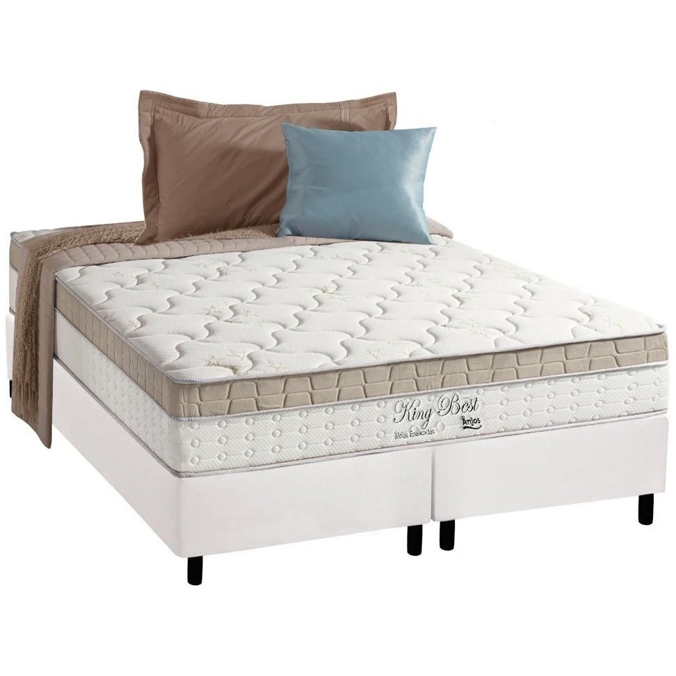 Colchão Queen King Best D28 + Base Box Simples Corino Branco – ANJOS COLCHÕES + ALTO NÍVEL CAMAS E COLCHÕES