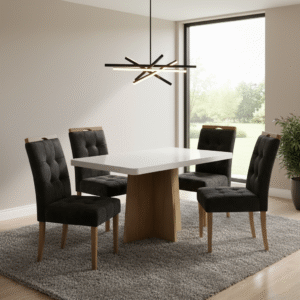 Mesa Jade 120 (Tampo 40 mm) Cinamomo/Off White com 4 Cadeiras Sophia Veludo Preto – VALDEMÓVEIS + WM DECOR