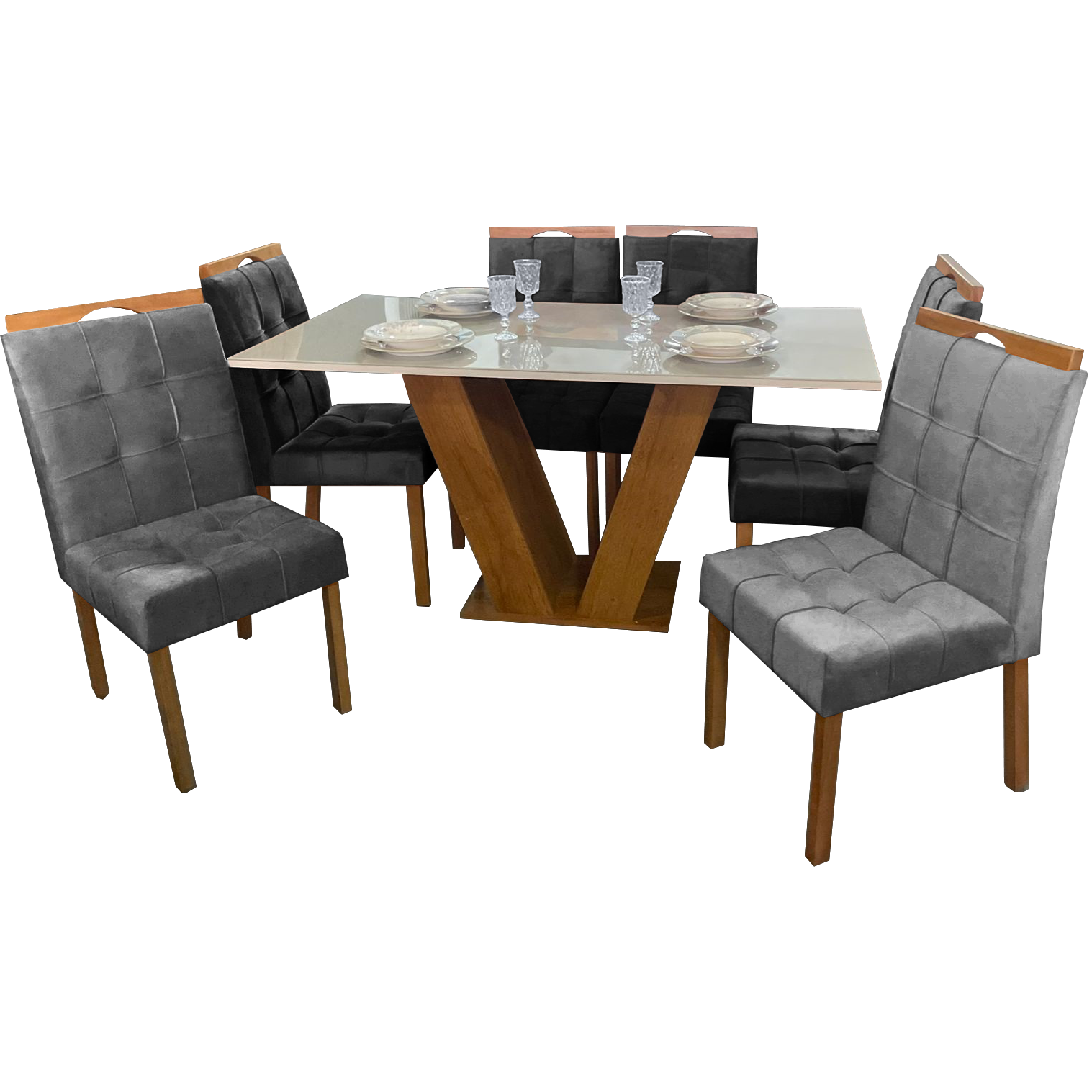 Mesa Classic 160 Cinamomo/Off White com 6 Cadeiras Sophia Mel/Veludo Grafite – CEL MÓVEIS + WM DECOR - Imagem 3