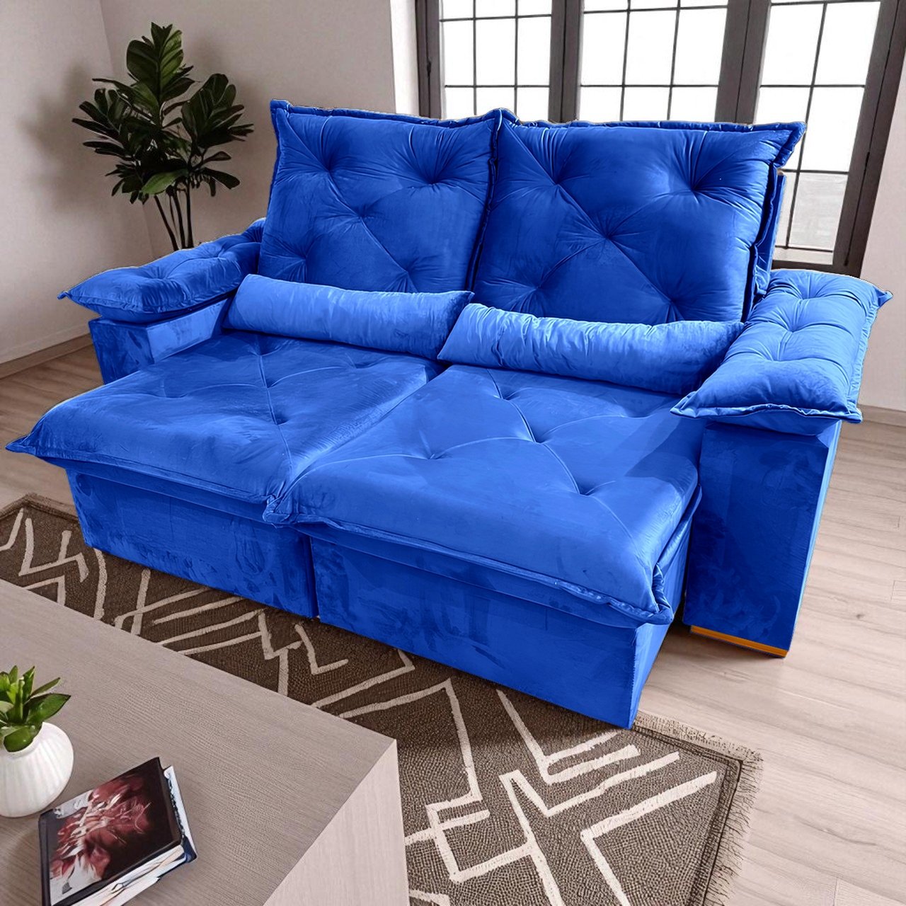 Sofá Retrátil e Reclinável Porto Madero/Brasão 2,00 m Veludo Azul - IMPERIAL DECOR