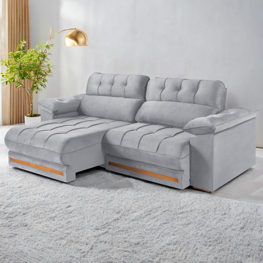 Sofá Retrátil e Reclinável Arezzo Comfort 2,50 m Veludo Cinza Prata - SINGULAR ESTOFADOS