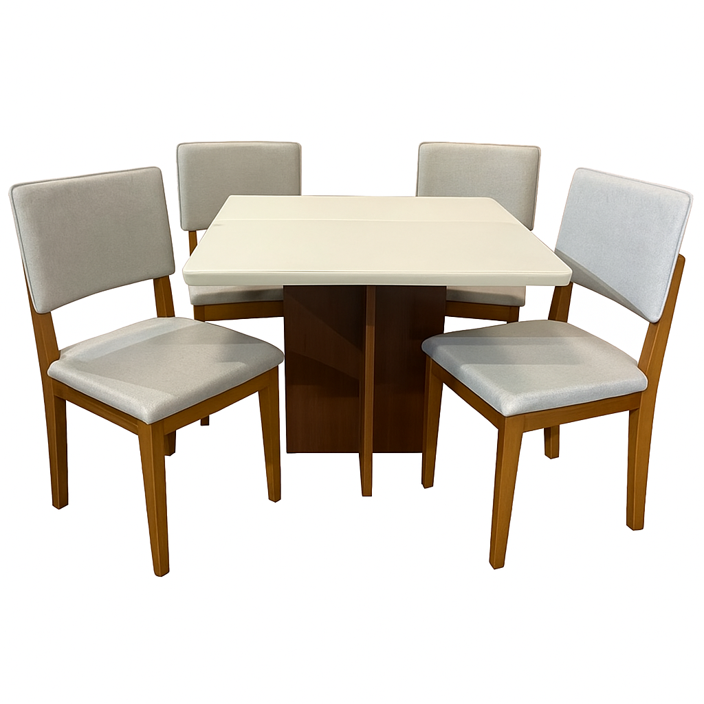 Mesa Salinas/Helô/Los Angeles 120 Cinamomo/Off White com 4 Cadeiras Pérola Linho Cinza Prata – CEL MÓVEIS + DOBUÊ MOVELARIA - Imagem 3