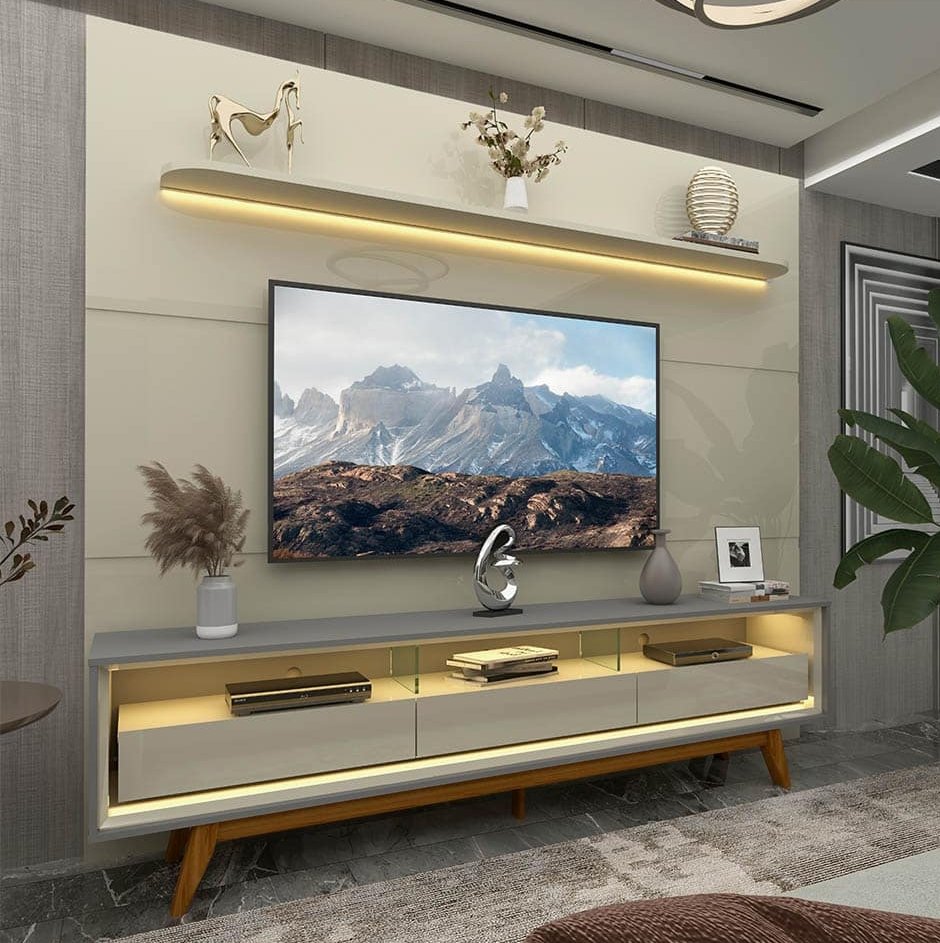 Painel até 85″ Royal 220 Off White + Rack Requinte 212 Cinza/Off White - GELIUS