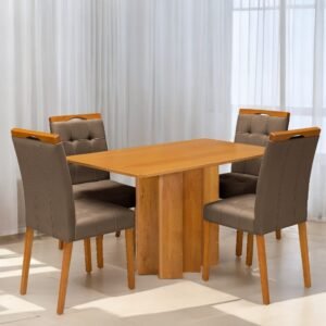 Mesa Recife 120 Cinamono Laminado com 4 Cadeiras Sophia Veludo Marrom – CEL MÓVEIS + WM DECOR