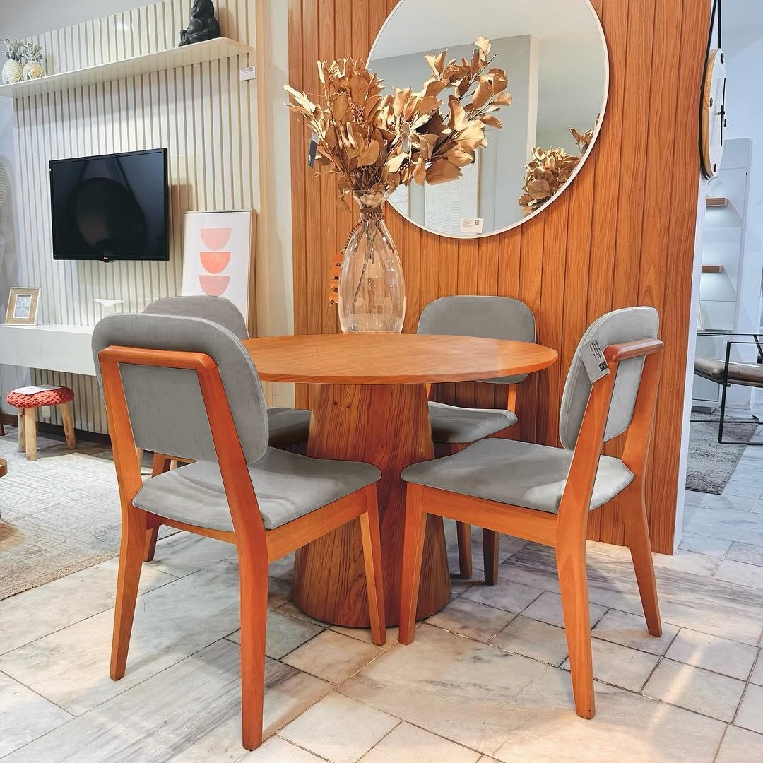 Mesa Redonda Malva 110 Mel com 4 Cadeiras Gaya Mel/Linho Cinza 03 – J SILVA MÓVEIS