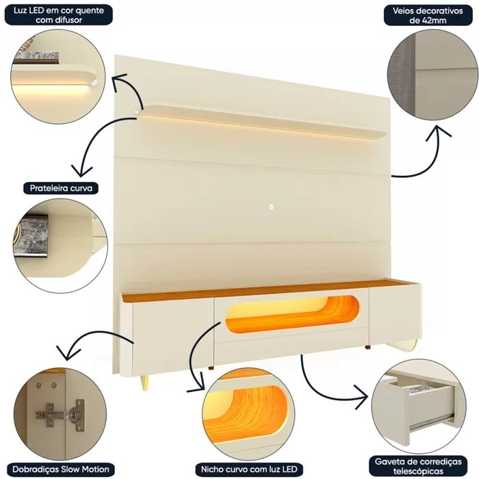 Painel até 85" Royal 220 Off White + Rack Nobre 210 (Pés de Vidro) Off White/Naturale - GELIUS - Imagem 4