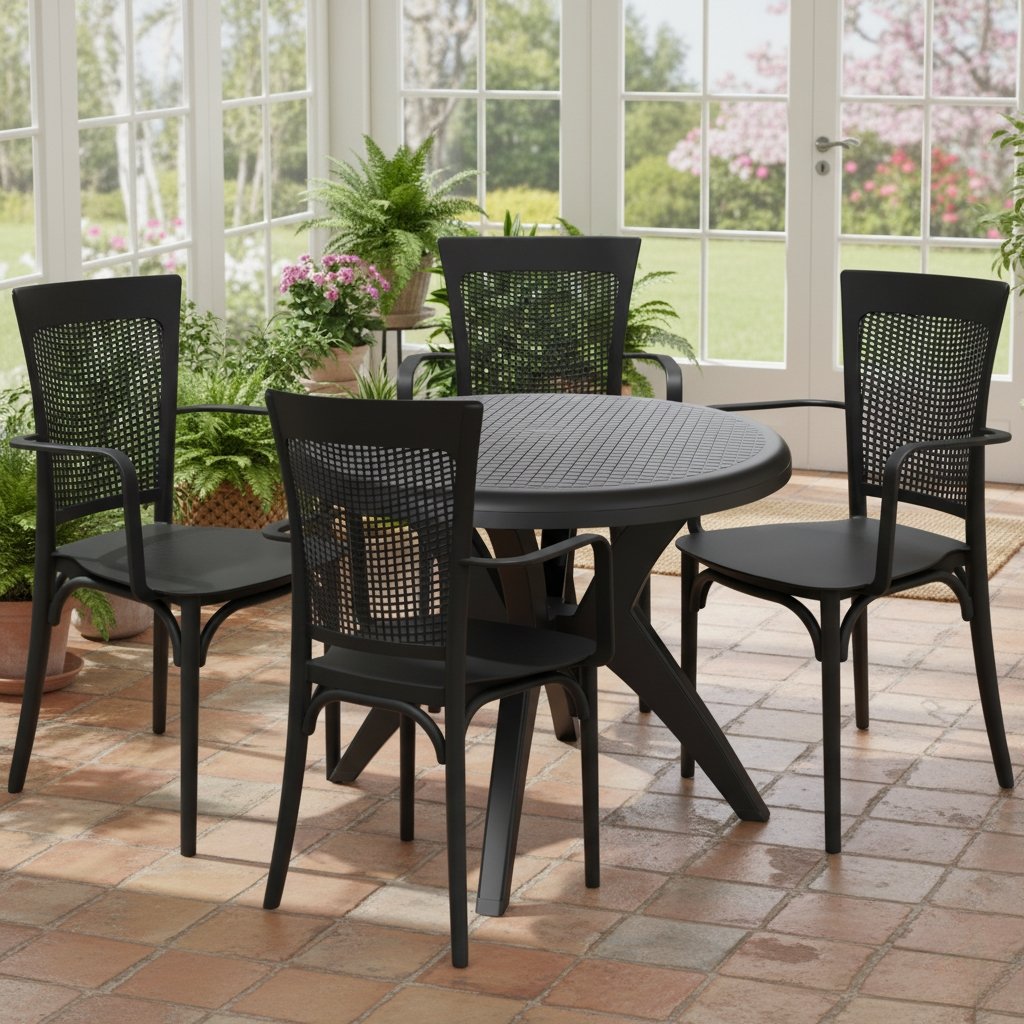 Mesa Deluxe 90 com 4 Poltronas Robust Palha Preto– FORTE PLÁSTICO