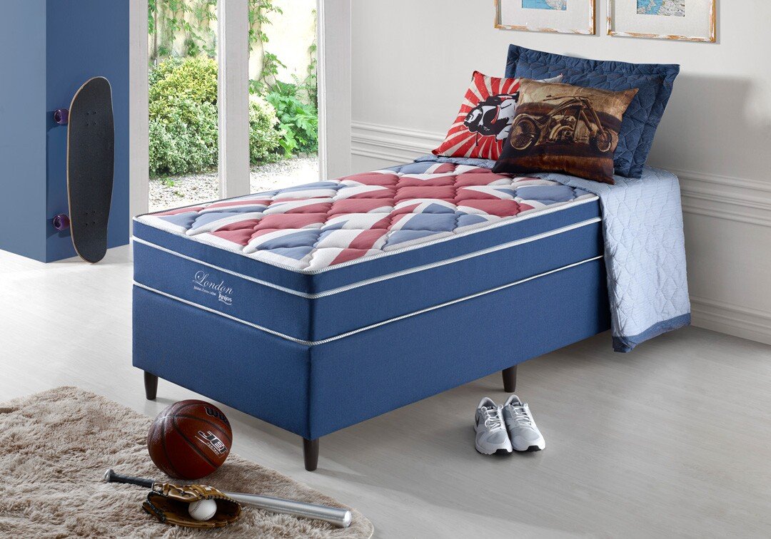 Box Azul + Colchão Solteiro London Molas Superlastic 88x188x68 - Anjos
