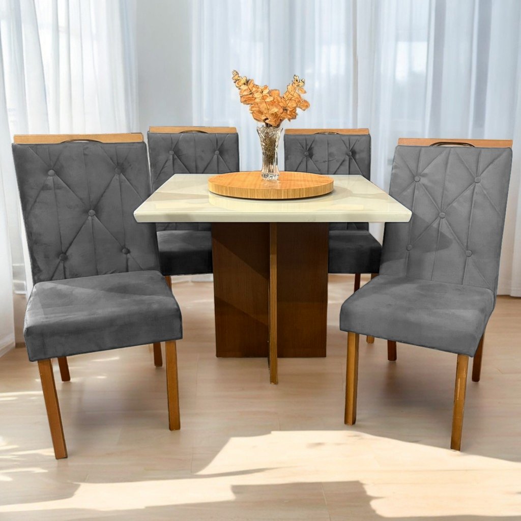 Mesa Salinas/Helô/Los Angeles 90 Cinamomo/Off White com 4 Cadeiras Yasmim Veludo Cinza Grafite – CEL MÓVEIS + KM DECOR