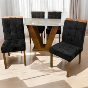Mesa Classic 120 Cinamomo/Off White com 4 Cadeiras Sophia Mel/Veludo Preto – CEL MÓVEIS + WM DECOR