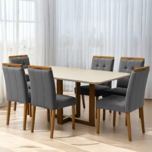 Mesa Atlas Mel/Off White Canto Copo 160×80 com 6 Cadeiras Sophia Veludo Cinza Grafite – ART ASSENTOS + WM DECOR